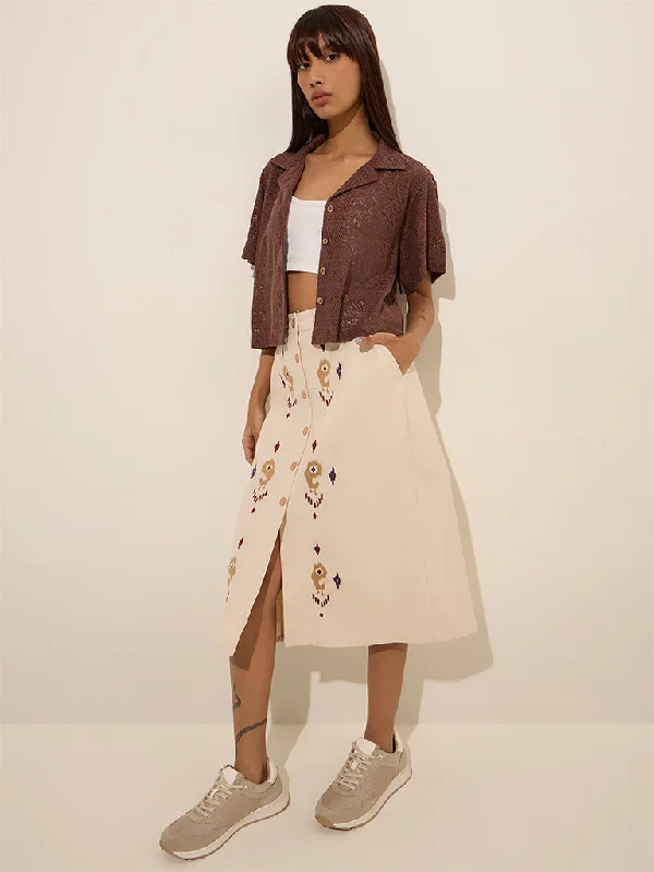 Bombay Paisley Off-White Paisley Embroidered High-Rise Cotton Skirt denim skirt trendy