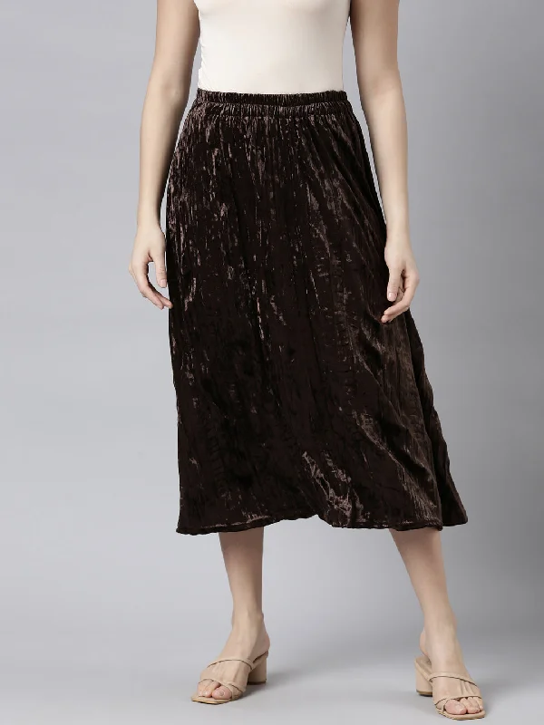 Women Solid Brown Flared Midi Skirt-9968-Brown velvet skirt glossy