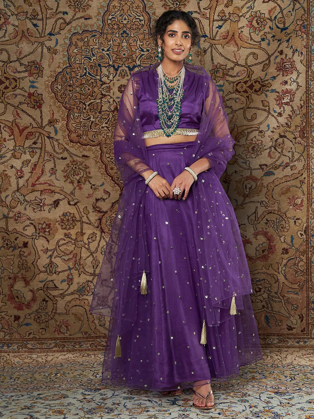 Women Purple Crepe Top With Tulle Aanrkali Skirt And Dupatta linen skirt relaxed