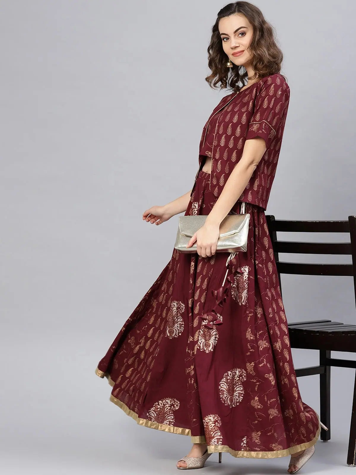 Foil Printed Top With Skirt And Shrug relaxed fit skirt