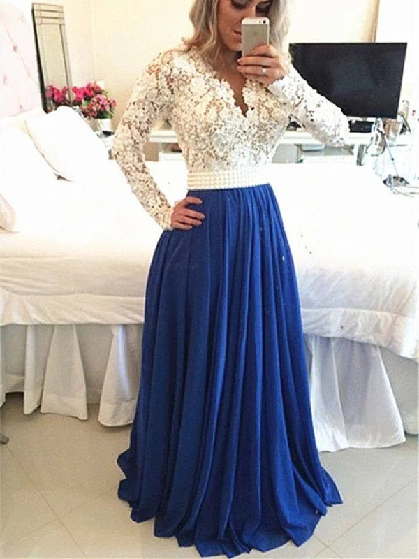 Custom Made A Line Long Sleeves White and Blue Lace Prom Dresses, Lace Formal Dresses Bodycon Club Sequined Custom Made A Line Long Sleeves White and Blue Lace Prom Dresses, Lace Formal Dresses Bodycon Club Sequined