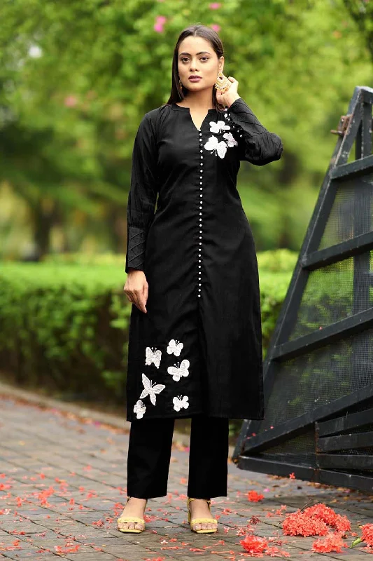 Black Hand Embroidery Art Silk Straight Cut Kurta Pants Set Relaxed Linen Pants