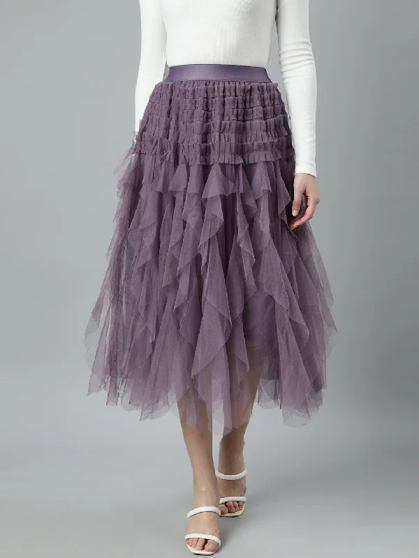 Women Solid Lavender Flared Midi Skirt-9860-Lavender denim skirt stylish