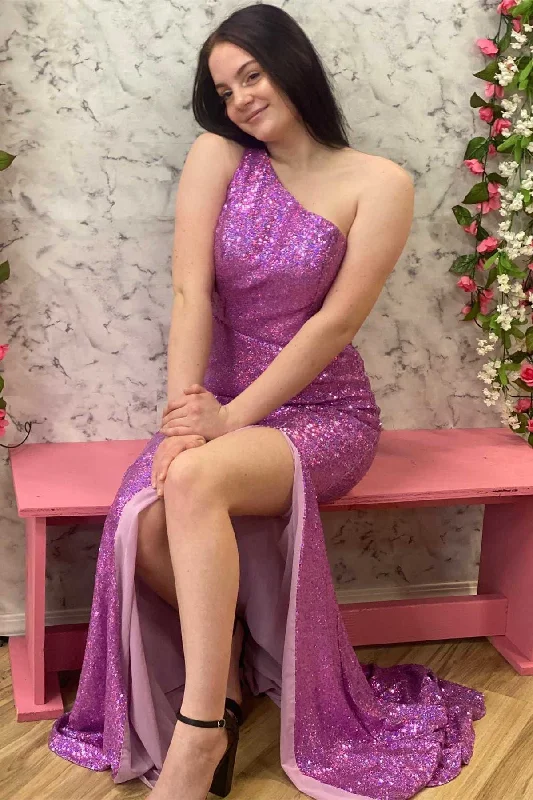 Purple Sequin One-Shoulder Long Prom Dress with Slit Evening Party Dresses OK1757 Tunics Gym athletic