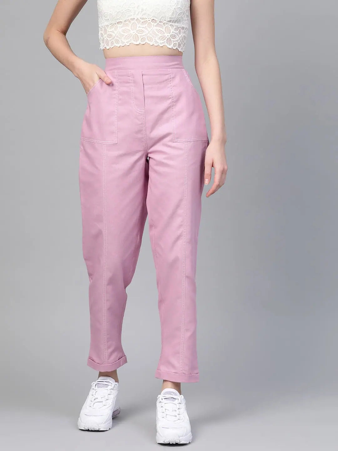 Lavender Contrast Stitch Twill Tapered Pants Comfy Athletic Pants