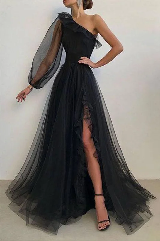 One Shoulder Black Tulle Long Prom Dresses with High Slit, Black Tulle Formal Dresses, Black Party Dresses Tunics Vintage classic One Shoulder Black Tulle Long Prom Dresses with High Slit, Black Tulle Formal Dresses, Black Party Dresses Tunics Vintage classic