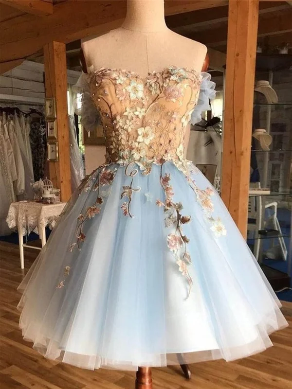 Short Blue Lace Floral Prom Dresses, Short Blue Lace Floral Formal Homecoming Dresses empire Waist empire