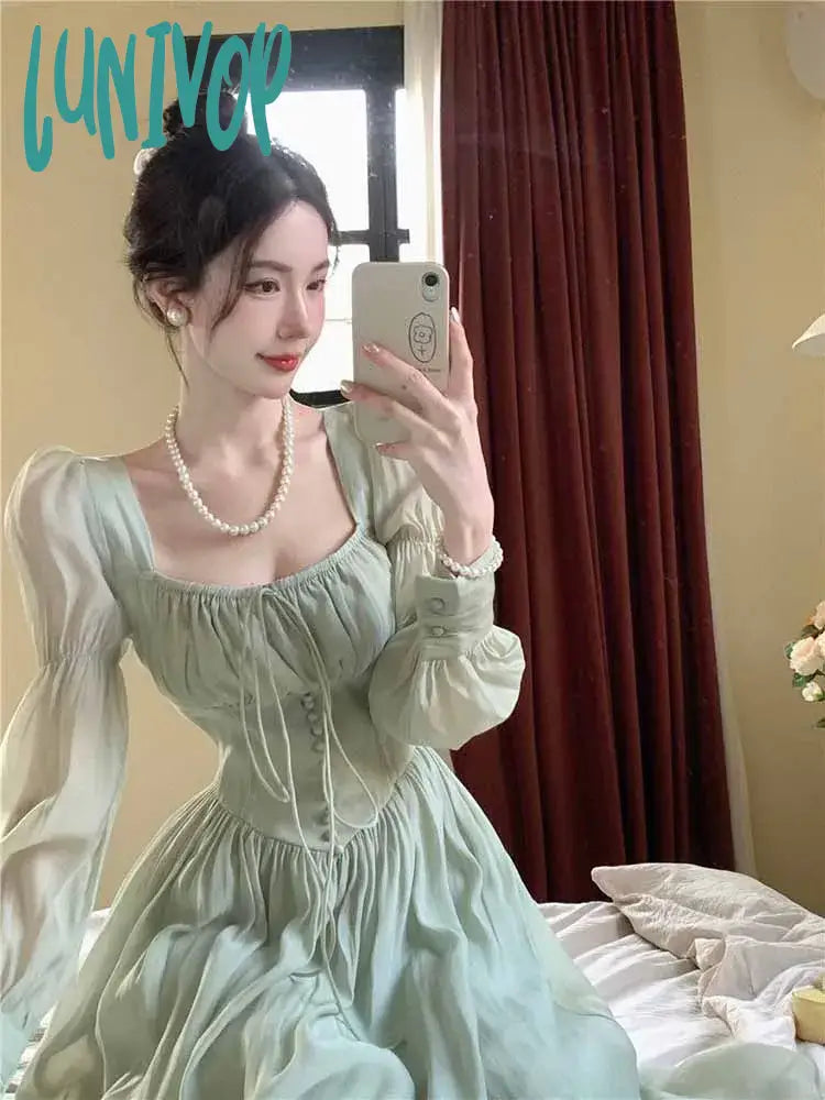 Lunivop Square Collar Dresses Women Pink Green Beige Long Puff Sleeves Dresses Spring Sweet Long Dress Party Dress Plus Size XL Peplum Ruffle Cocktail