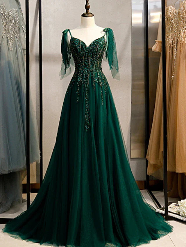 A-Line Party Dress Elegant Engagement Formal Evening Birthday Dress Spaghetti Strap Sleeveless Sweep Tunics Solid Classic