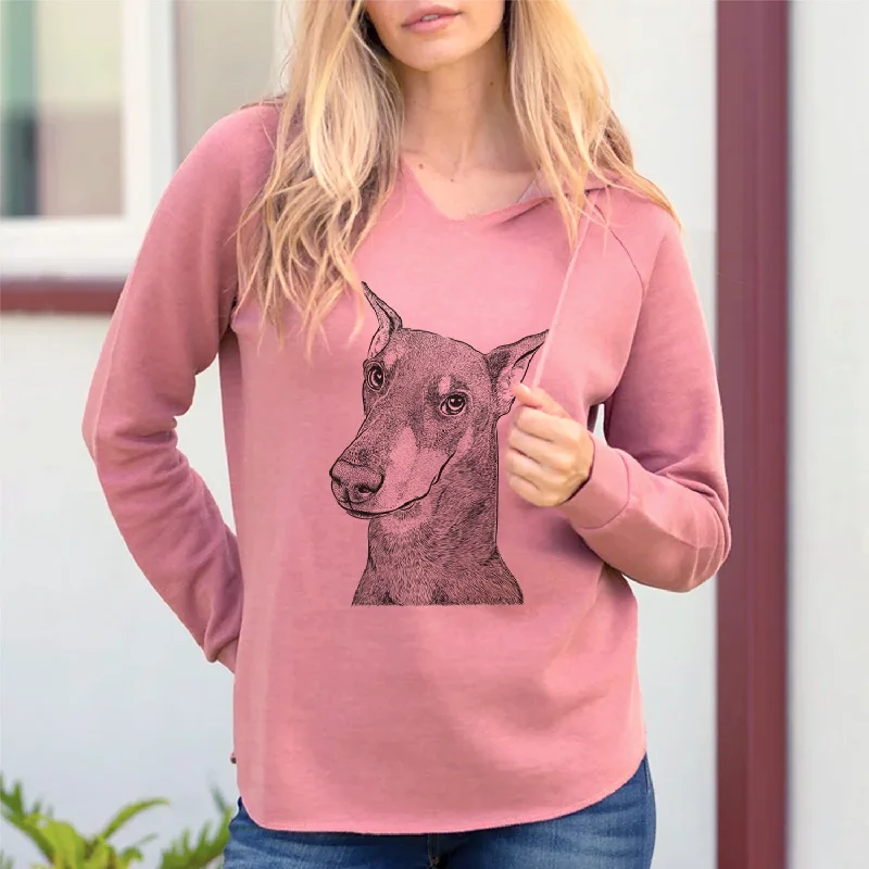 Bare Shelby the Doberman Pinscher - Cali Wave Hooded Sweatshirt Hoodie with Tied Waist Feminine Flattering Bare Shelby the Doberman Pinscher - Cali Wave Hooded Sweatshirt Hoodie with Tied Waist Feminine Flattering