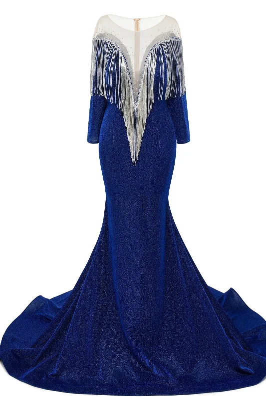 Deep V-neck Shiny Royal Blue Prom Dresses Long sleeves Mermaid Evening Party Dresses Chiffon Maxi Beach Deep V-neck Shiny Royal Blue Prom Dresses Long sleeves Mermaid Evening Party Dresses Chiffon Maxi Beach