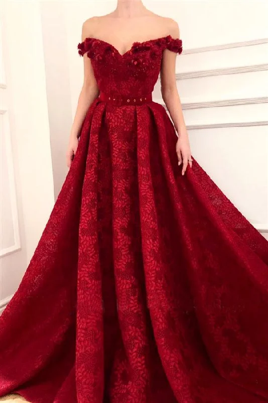 Charming Red Lace Off the Shoulder Prom Dresses, V Neck Handmade Flowers Party Dresses STK15121 Tunics New arrival Charming Red Lace Off the Shoulder Prom Dresses, V Neck Handmade Flowers Party Dresses STK15121 Tunics New arrival
