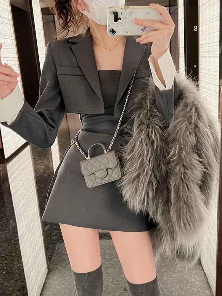 Winter Black Two Piece Dress Set Women Blazer Coat+Strap Dress Set Female Casual Korean Fashion Slim Elegant Dress Suit 2022 New Women's Solid Blazer Winter Black Two Piece Dress Set Women Blazer Coat+Strap Dress Set Female Casual Korean Fashion Slim Elegant Dress Suit 2022 New Women's Solid Blazer
