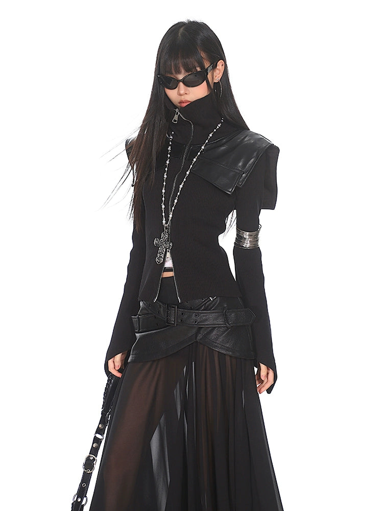 Midnight Valkyrie - Gothic High-Collar Military Jacket & Skirt Set Belted Jacket Elasticated Jacket Padded Jacket