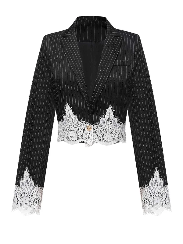 Black 1950s Stripes Lace Trim Cropped Blazer Women's Banquet Suit