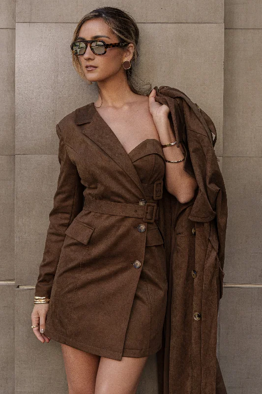 Chocolate One Shoulder Suede Blazer Dress Women's Elegant Suit