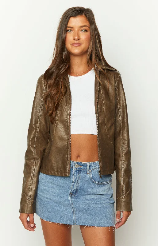 Street Style Brown PU Jacket Denim Fabric Leather Fabric Suede Fabric