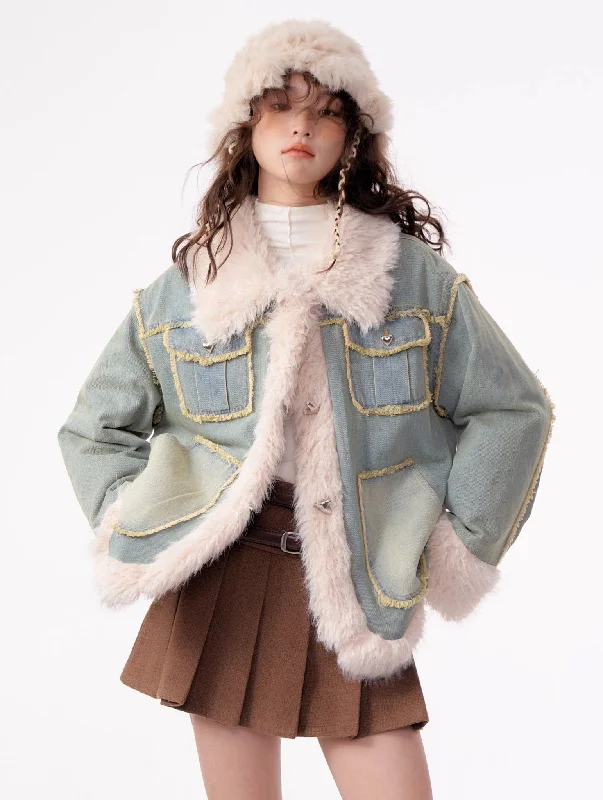 Fur Trim Denim Jacket Hooded Jacket Caped Jacket Shawl Collar Jacket