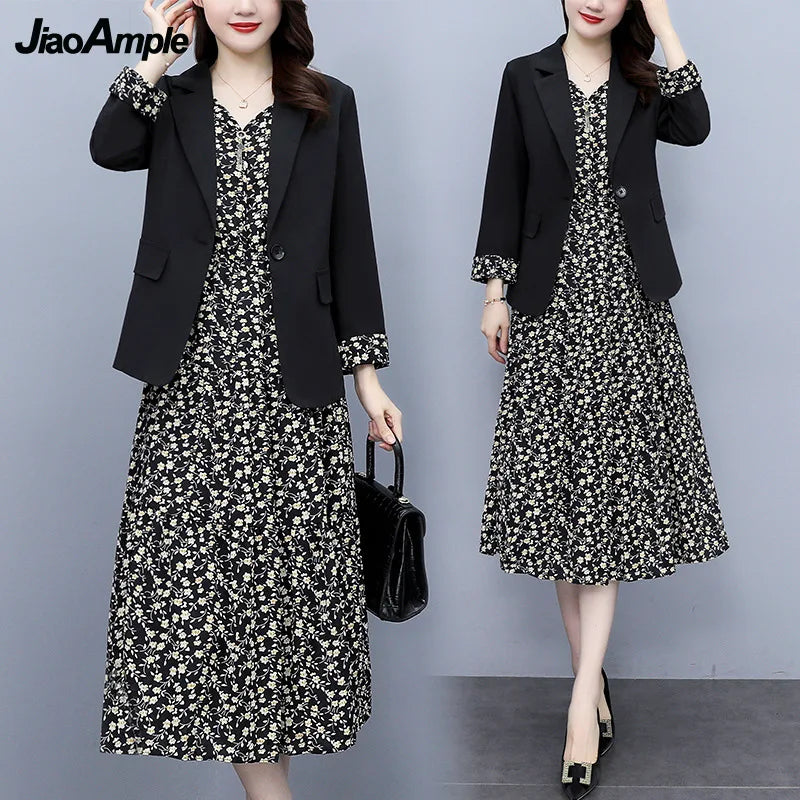 Yipinpay Spring Autumn New Suit Coat Floral Sling Dress Two-piece Women's Professional Suit Korean Fashion Blazers Jacket Skirt Set Knit Fabric Woven Fabric Fleece Fabric Yipinpay Spring Autumn New Suit Coat Floral Sling Dress Two-piece Women's Professional Suit Korean Fashion Blazers Jacket Skirt Set Knit Fabric Woven Fabric Fleece Fabric