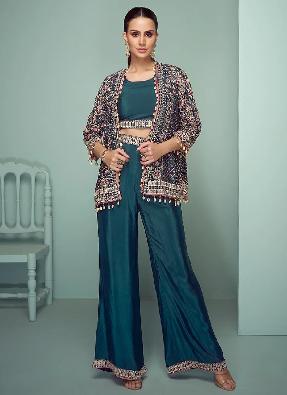 Turquoise Multi Floral Embroidery Blazer Co-Ord Set Women's Fashion Blazer