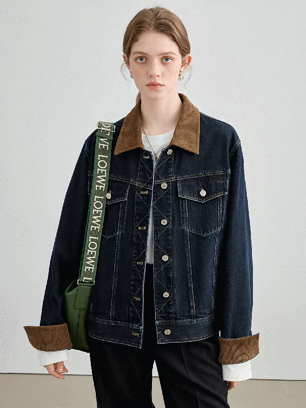 Autumn Denim Jacket, Loose Slimming Design With Patchwork Zippered Front Buttoned Front Snap Front Autumn Denim Jacket, Loose Slimming Design With Patchwork Zippered Front Buttoned Front Snap Front