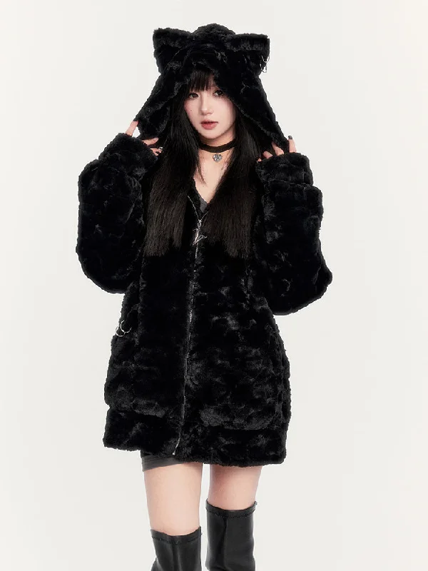 Cat Ear Faux Fur Jacket Quilted Jacket Puffer Jacket Insulated Jacket