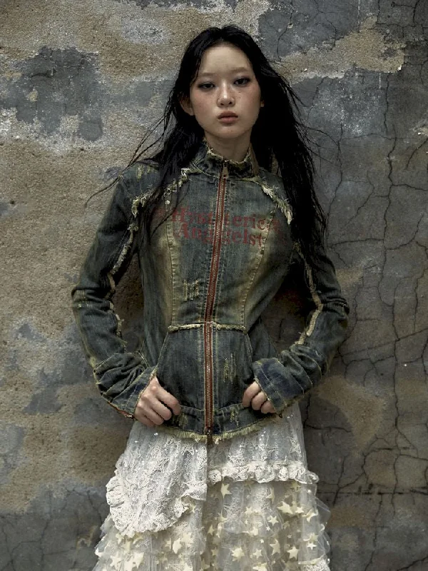 Distressed Denim Corset Jacket Quilted Jacket Puffer Jacket Insulated Jacket