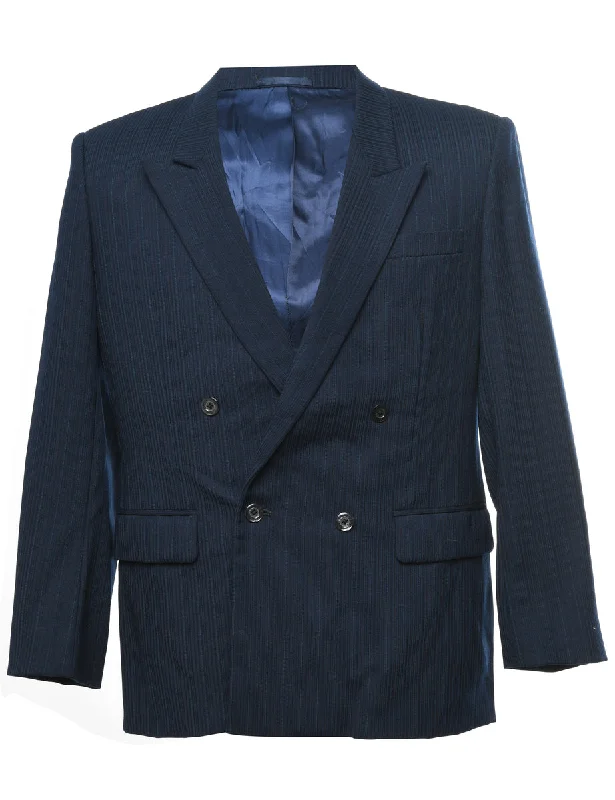 Navy Pinstriped Double-Breasted Blazer - L Women's Navy Jacket