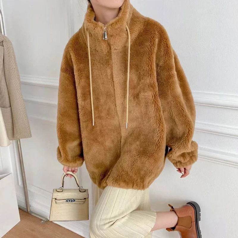 Camille Sheepskin Teddy Jacket Stand-Up Collar Roll-Neck Collar Turtle Neck
