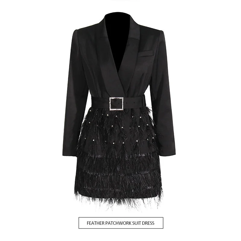 Women's Embellished Feather and Beadwork Blazer Dress Women's Trendy Jacket