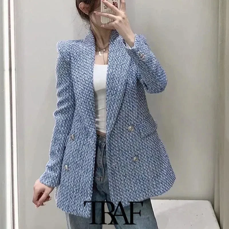 Women's Double-Breasted Tweed Blazer Women's Pencil Blazer