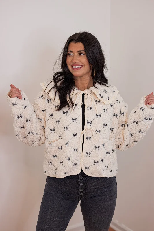 Quilted Bows Cream Sherpa Jacket Cardigan Sweater Pullover