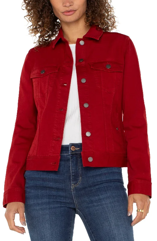 Button Down Classic Jean Jacket in Carnelian Tailored Jacket Straight Jacket A-Line Jacket Button Down Classic Jean Jacket in Carnelian Tailored Jacket Straight Jacket A-Line Jacket