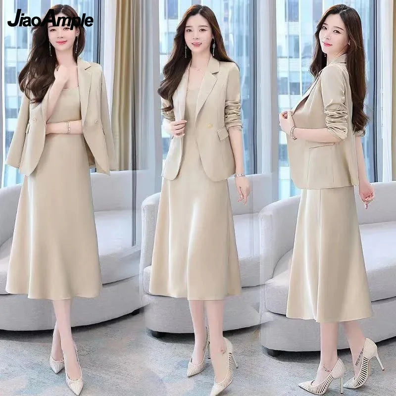 Yipinpay Women's Autumn Winter Suit Jacket Dress Set 2024 New Fashion Korean Elegant Temperament Blazers Suspender Midi Skirt Two-piece Nylon Fabric Polyester Fabric Spandex Fabric