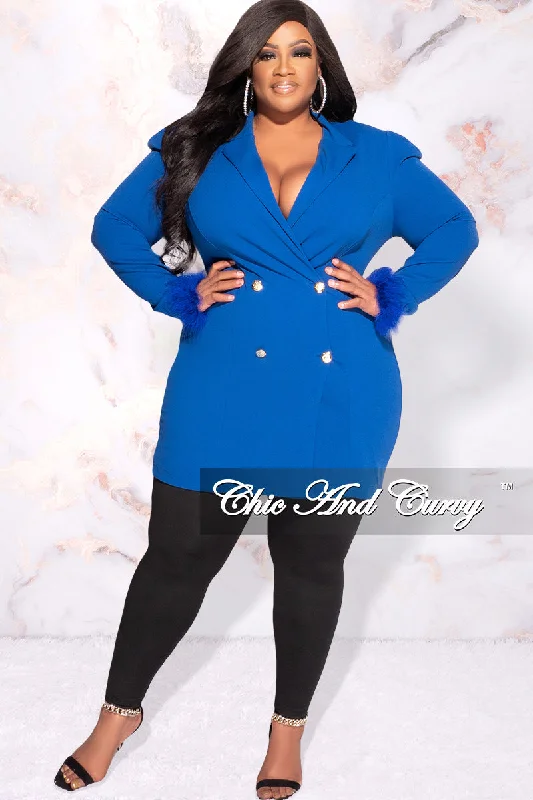 Final Sale Plus Size Button Blazer Dress with Feathers Cuffs in Royal Blue Women's Premium Blazer Final Sale Plus Size Button Blazer Dress with Feathers Cuffs in Royal Blue Women's Premium Blazer