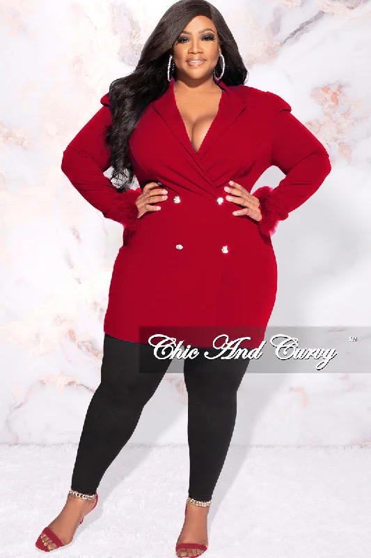 Final Sale Plus Size Button Blazer Dress with Feather Cuffs in Red Women's Classic Blazer Final Sale Plus Size Button Blazer Dress with Feather Cuffs in Red Women's Classic Blazer