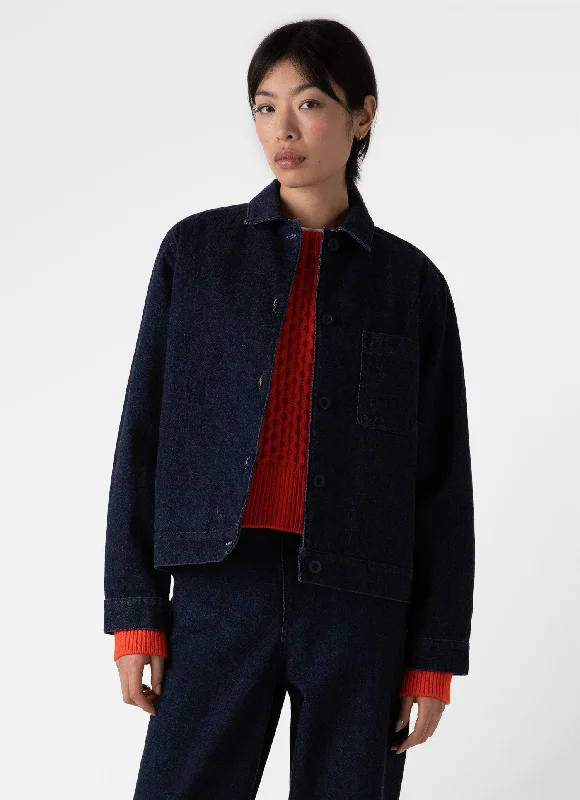 Women's Denim Chore Jacket in Denim Rinse Wash Satin Fabric Silk Fabric Chiffon Fabric Women's Denim Chore Jacket in Denim Rinse Wash Satin Fabric Silk Fabric Chiffon Fabric