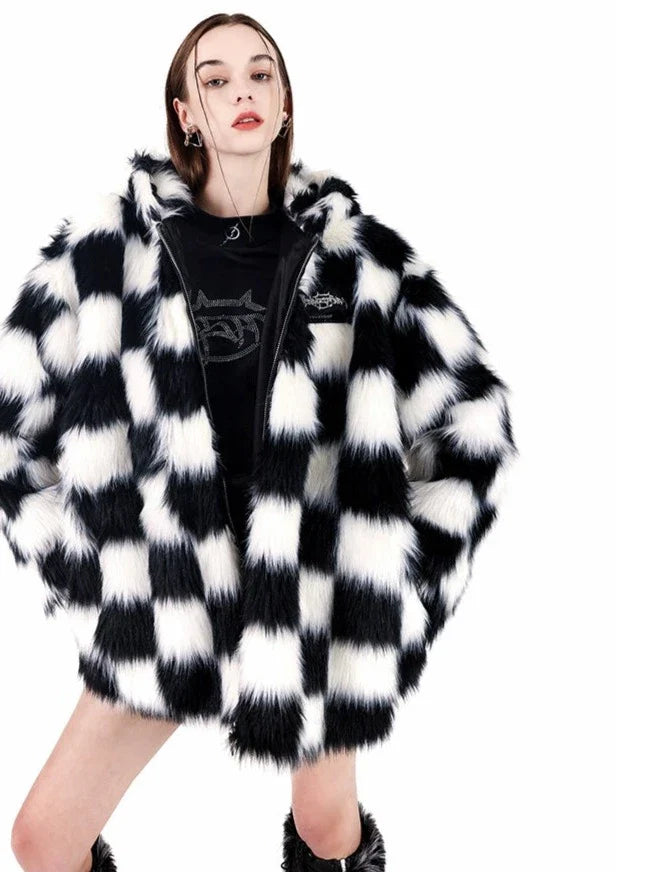 PINKSPINK Checkered Faux Fur Jacket - Black and White Boat Neck Shawl Collar Notched Collar PINKSPINK Checkered Faux Fur Jacket - Black and White Boat Neck Shawl Collar Notched Collar