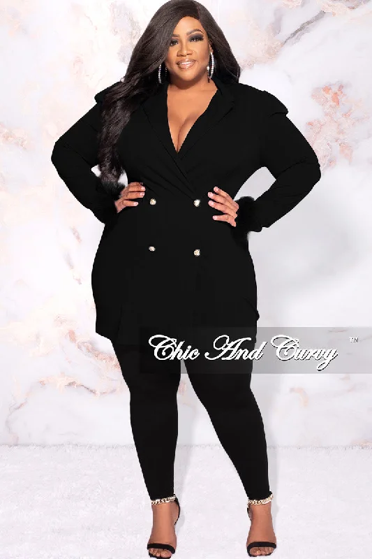 Available Online Only - Final Sale Plus Size Button Blazer Dress with Feather Cuffs in Black Women's Elegant Suit Available Online Only - Final Sale Plus Size Button Blazer Dress with Feather Cuffs in Black Women's Elegant Suit