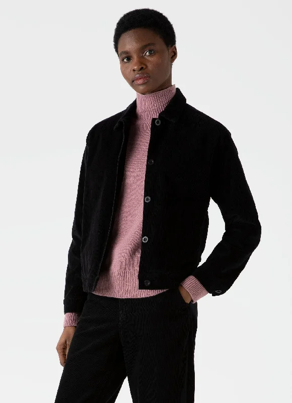 Women's Corduroy Boxy Jacket in Black Rayon Fabric Velvet Fabric Corduroy Fabric