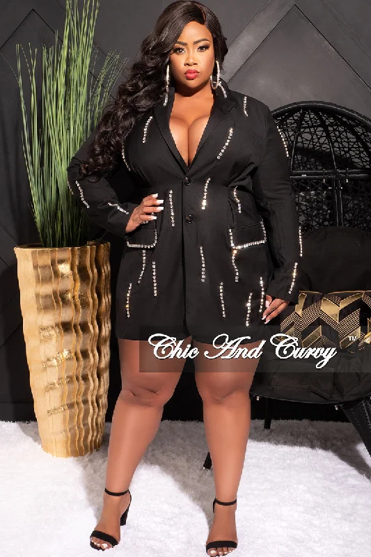 Final Sale Plus Size Blazer Dress with Clear Rhinestones in Black Women's Fashion Blazer Final Sale Plus Size Blazer Dress with Clear Rhinestones in Black Women's Fashion Blazer