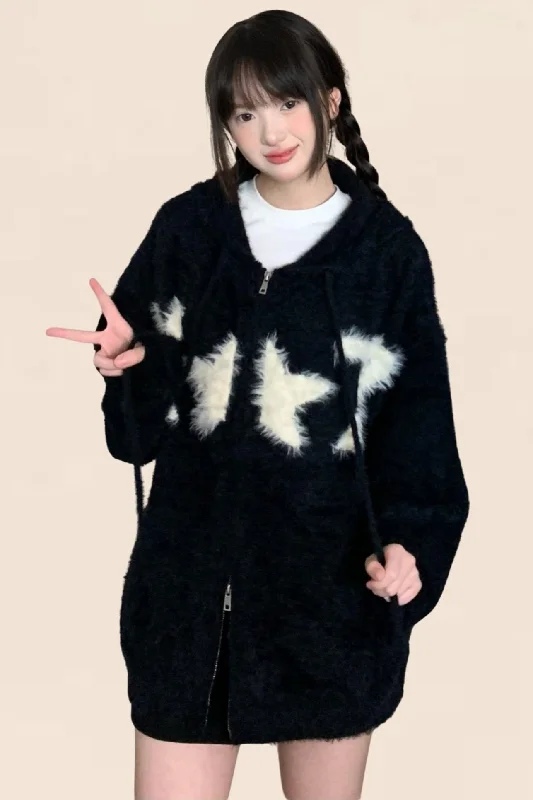 Fluffy Star Zip-Up Jacket Denim Jacket Leather Jacket Suede Jacket
