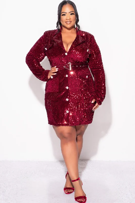 Final Sale Plus Size Sequin Blazer Dress with Rhinestone Buttons in Burgundy Women's Boutique Suit Final Sale Plus Size Sequin Blazer Dress with Rhinestone Buttons in Burgundy Women's Boutique Suit