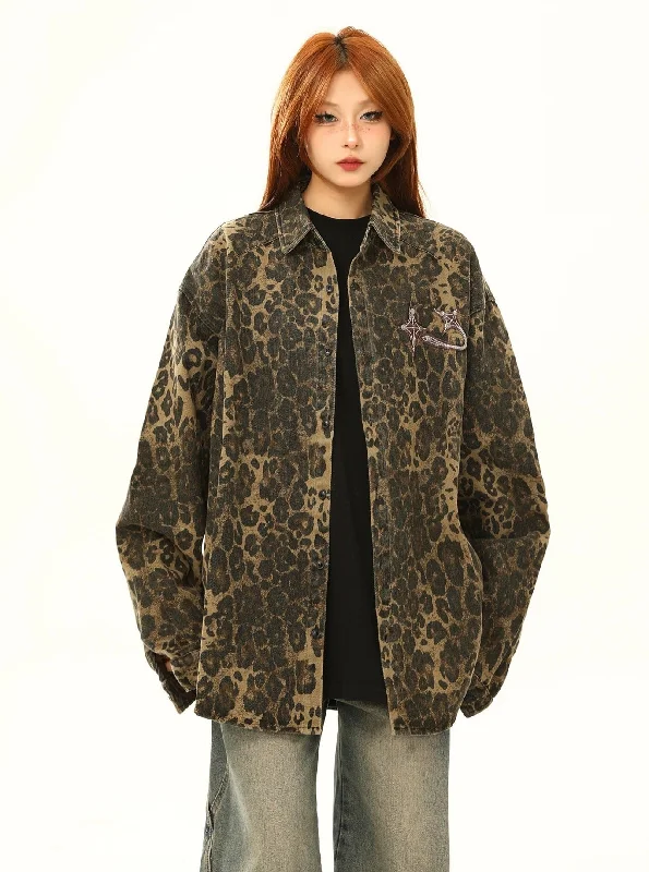 Leopard Print Oversized Denim Jacket Mesh Jacket Canvas Jacket Denim Jacket