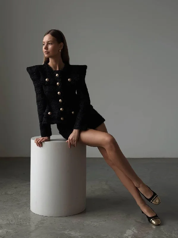 Elegant Black Tweed Jacket and Shorts Suit Chenille Fabric Brocade Fabric Lace Fabric