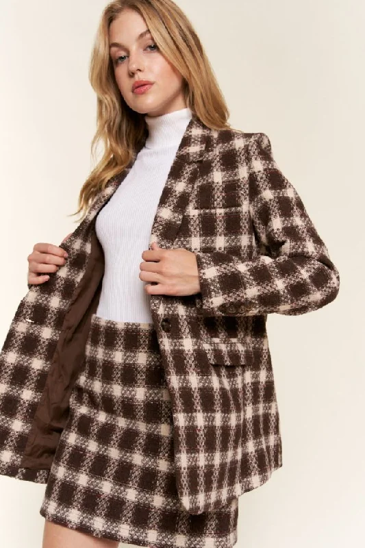 Womens Plaid Brushed One Button Fashion Blazer Plus Size Women's Coat
