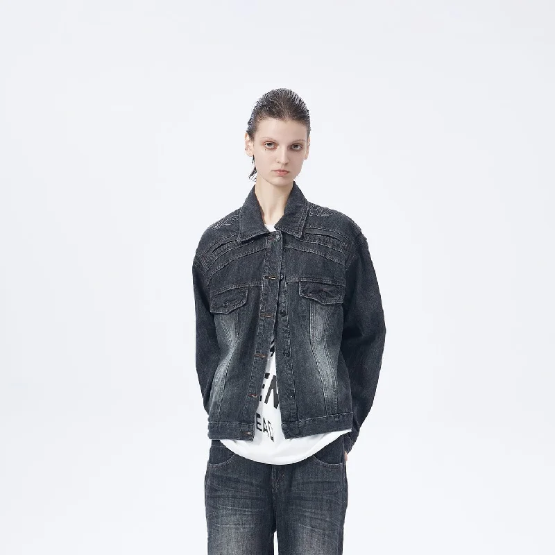 Washed Black Denim Jacket Front Pockets Side Pockets Patch Pockets