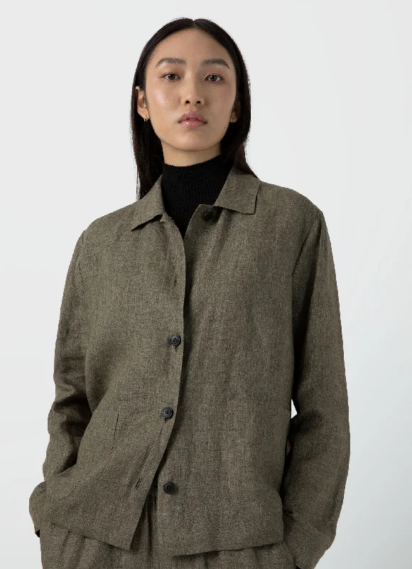 Women's Linen Twin Pocket Jacket in Khaki Knit Fabric Woven Fabric Fleece Fabric