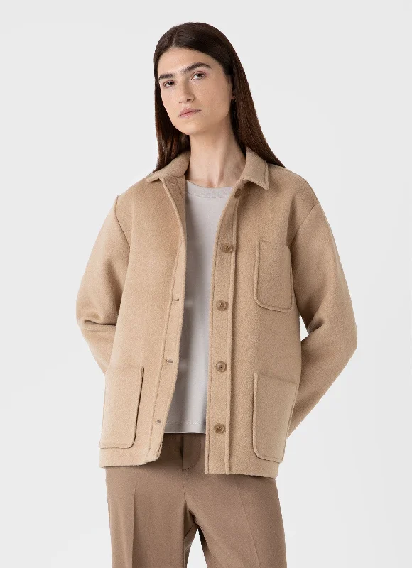 Women's Double Faced Twin Pocket Jacket in Light Camel Denim Fabric Leather Fabric Suede Fabric Women's Double Faced Twin Pocket Jacket in Light Camel Denim Fabric Leather Fabric Suede Fabric