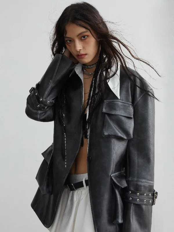 Vintage Pu Leather 3D Pocket No-Collar Jacket One-Shoulder Jacket Off-the-Shoulder Jacket Asymmetrical Jacket Vintage Pu Leather 3D Pocket No-Collar Jacket One-Shoulder Jacket Off-the-Shoulder Jacket Asymmetrical Jacket